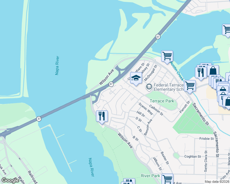 map of restaurants, bars, coffee shops, grocery stores, and more near 491 Lighthouse Drive in Vallejo