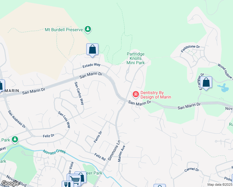 map of restaurants, bars, coffee shops, grocery stores, and more near San Marin Drive in Novato