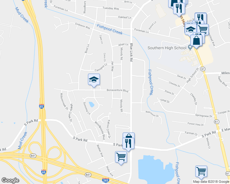 map of restaurants, bars, coffee shops, grocery stores, and more near 3900 Bonaventure Boulevard in Louisville