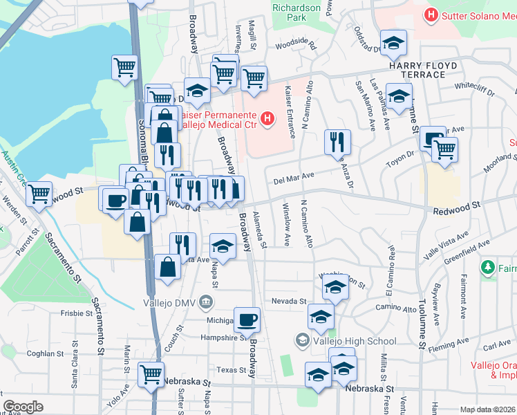 map of restaurants, bars, coffee shops, grocery stores, and more near 2448 Alameda Street in Vallejo
