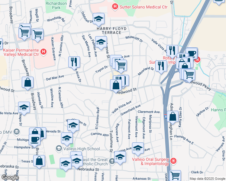 map of restaurants, bars, coffee shops, grocery stores, and more near Tuolumne St & Redwood St in Vallejo
