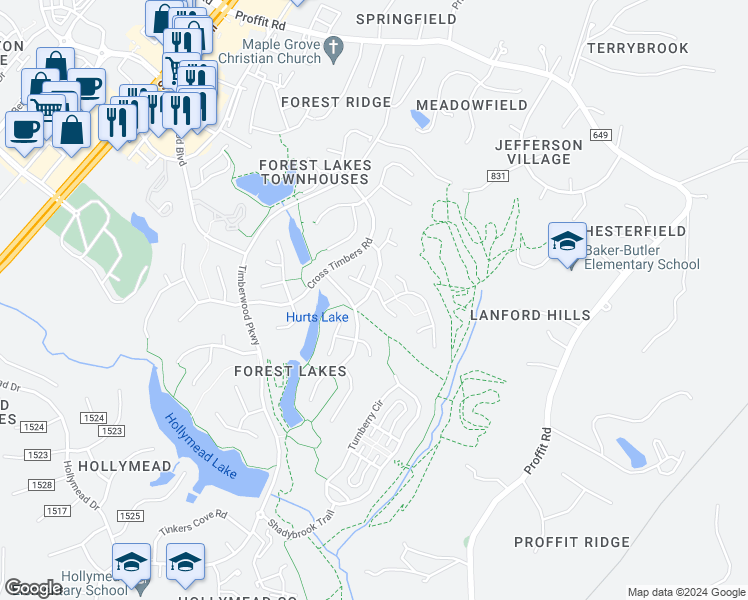 map of restaurants, bars, coffee shops, grocery stores, and more near 3148 Ridgefield Road in Charlottesville