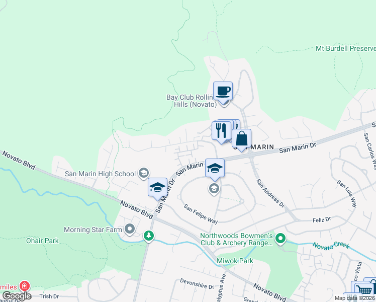 map of restaurants, bars, coffee shops, grocery stores, and more near Aspen Dr & Cedar Pl in Novato