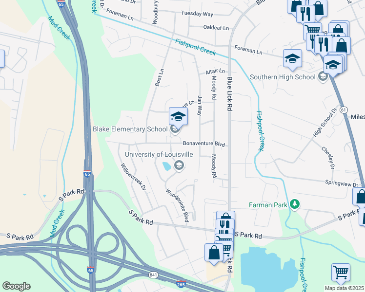map of restaurants, bars, coffee shops, grocery stores, and more near 3804 Bonaventure Boulevard in Louisville