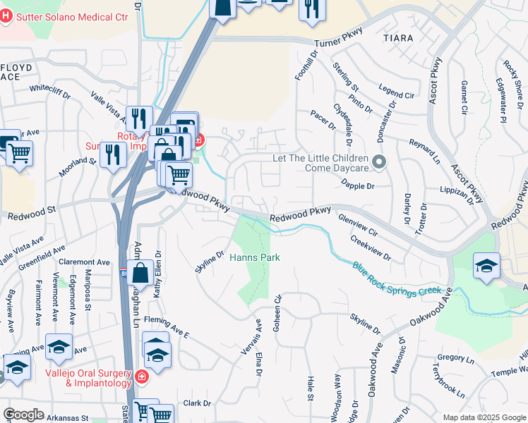 map of restaurants, bars, coffee shops, grocery stores, and more near 2914 Redwood Parkway in Vallejo
