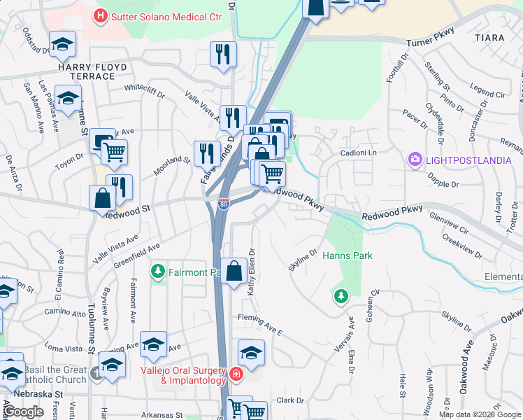 map of restaurants, bars, coffee shops, grocery stores, and more near 139 Michele Court in Vallejo