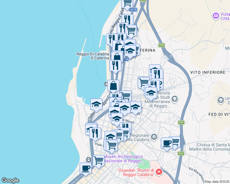 map of restaurants, bars, coffee shops, grocery stores, and more near 79 Via Italia in Reggio Calabria