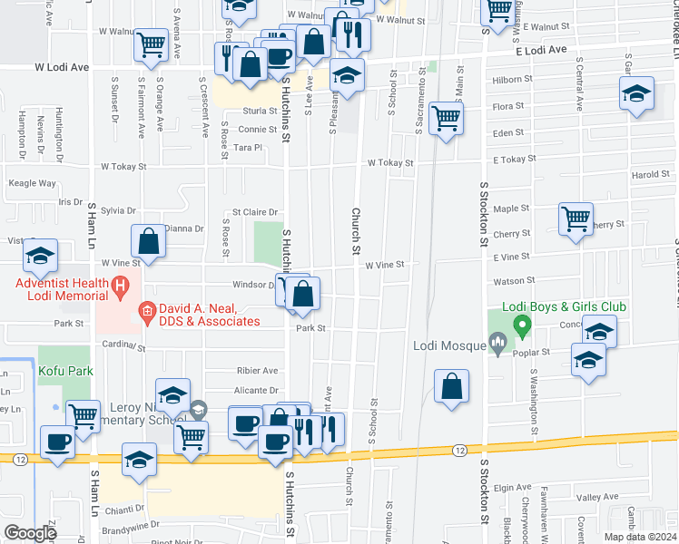 map of restaurants, bars, coffee shops, grocery stores, and more near 900 South Pleasant Avenue in Lodi