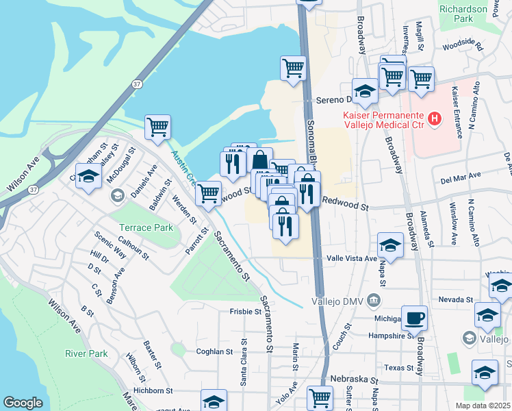 map of restaurants, bars, coffee shops, grocery stores, and more near 485 Redwood Street in Vallejo