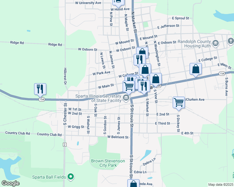 map of restaurants, bars, coffee shops, grocery stores, and more near 301 West Broadway Street in Sparta