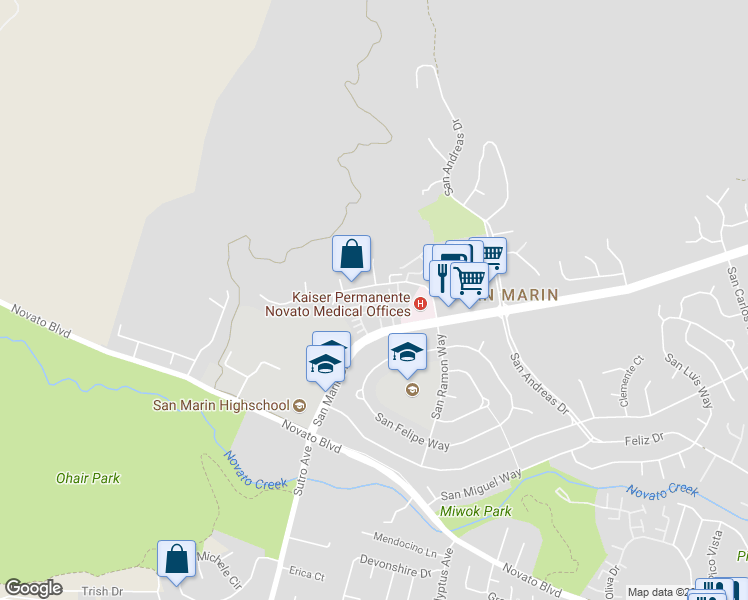 map of restaurants, bars, coffee shops, grocery stores, and more near 601 Cedar Place in Novato