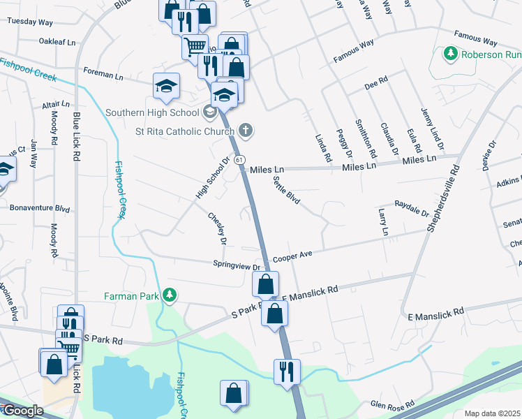 map of restaurants, bars, coffee shops, grocery stores, and more near 8931 Preston Highway in Louisville