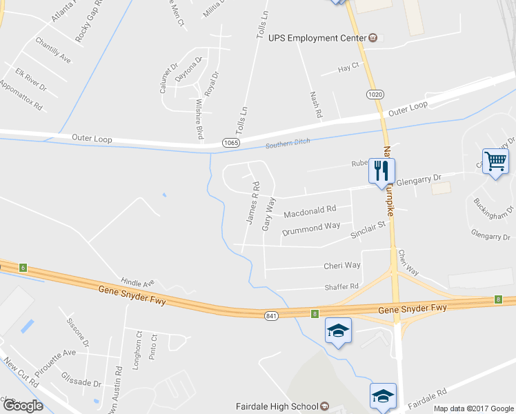 map of restaurants, bars, coffee shops, grocery stores, and more near 8705 James R Rd in Louisville