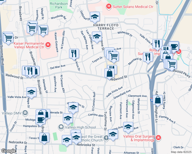 map of restaurants, bars, coffee shops, grocery stores, and more near 1901 Redwood Street in Vallejo