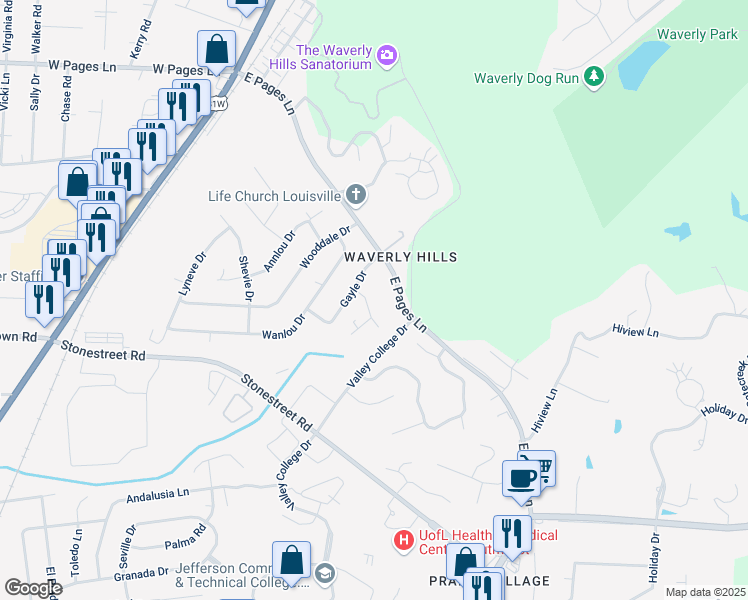 map of restaurants, bars, coffee shops, grocery stores, and more near 9107 Woodchat Way in Louisville