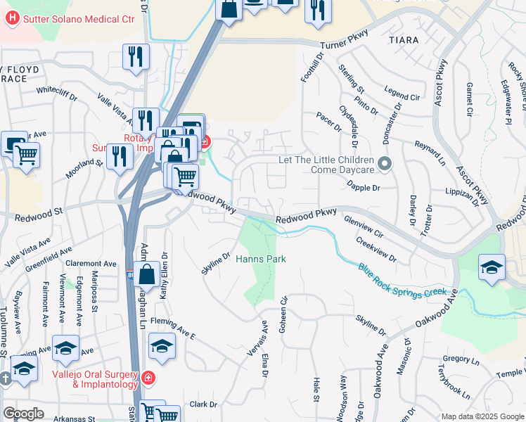 map of restaurants, bars, coffee shops, grocery stores, and more near 2914 Redwood Parkway in Vallejo