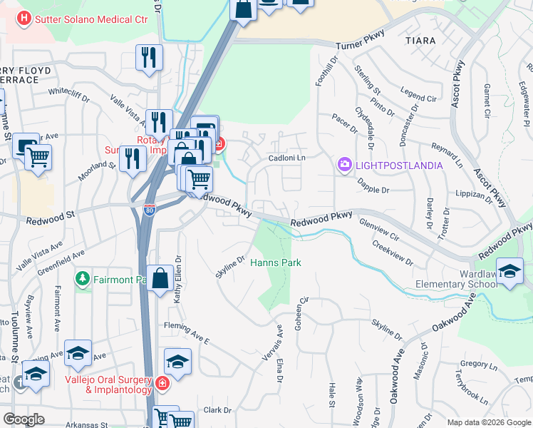map of restaurants, bars, coffee shops, grocery stores, and more near 2902 Redwood Parkway in Vallejo