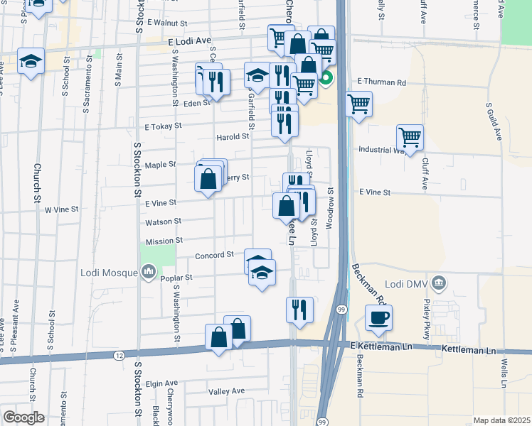 map of restaurants, bars, coffee shops, grocery stores, and more near 924 South Garfield Street in Lodi