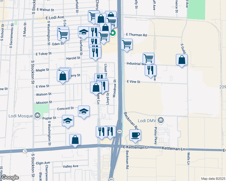 map of restaurants, bars, coffee shops, grocery stores, and more near 941 Woodrow Street in Lodi