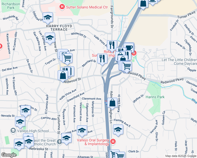map of restaurants, bars, coffee shops, grocery stores, and more near 328 Moorland St in Vallejo