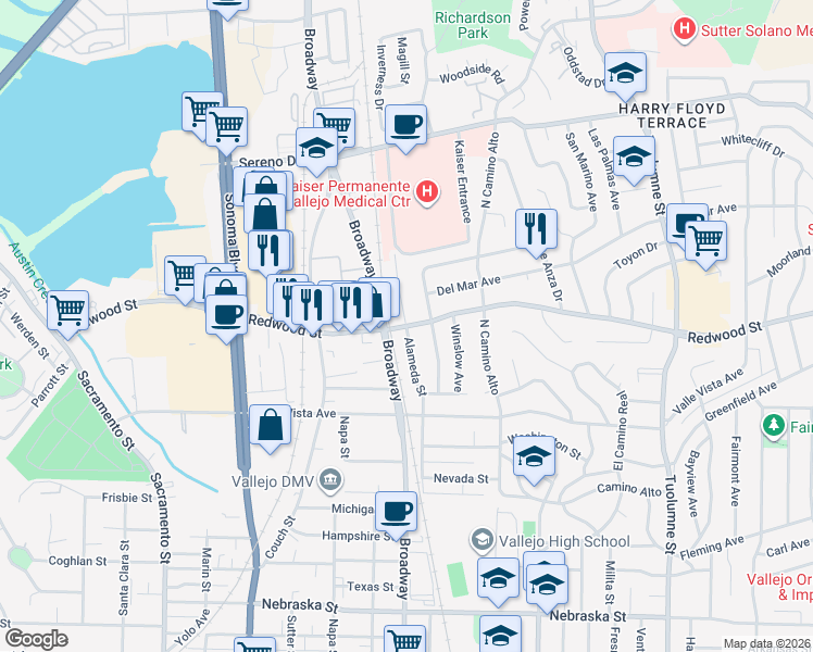 map of restaurants, bars, coffee shops, grocery stores, and more near Redwood St & Alameda St in Vallejo