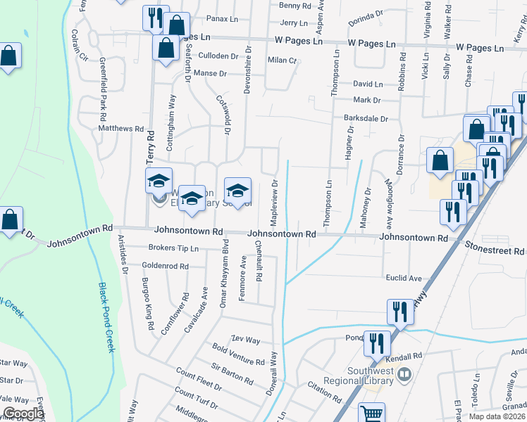 map of restaurants, bars, coffee shops, grocery stores, and more near 9105 Chenault Road in Louisville