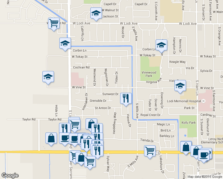 map of restaurants, bars, coffee shops, grocery stores, and more near 2132 W Vine St in Lodi