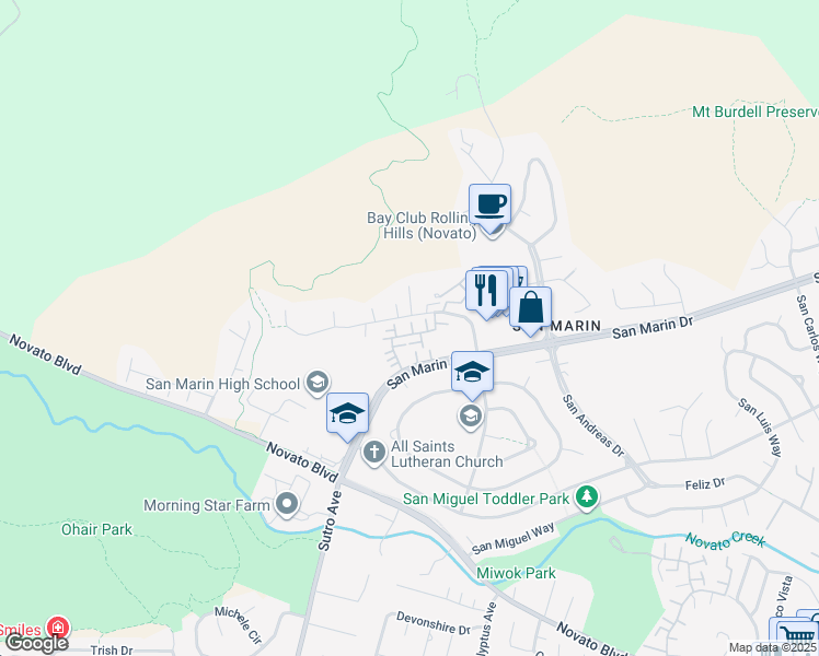 map of restaurants, bars, coffee shops, grocery stores, and more near 605 Cedar Place in Novato
