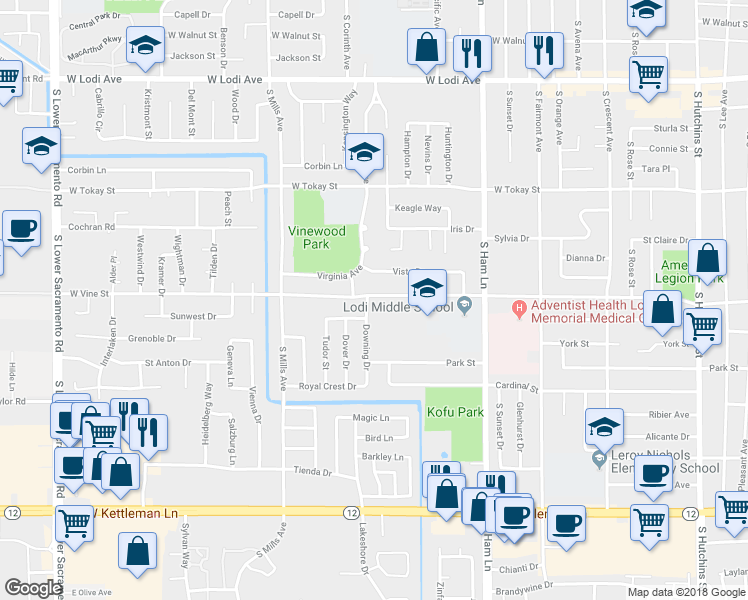 map of restaurants, bars, coffee shops, grocery stores, and more near 900 Downing Drive in Lodi