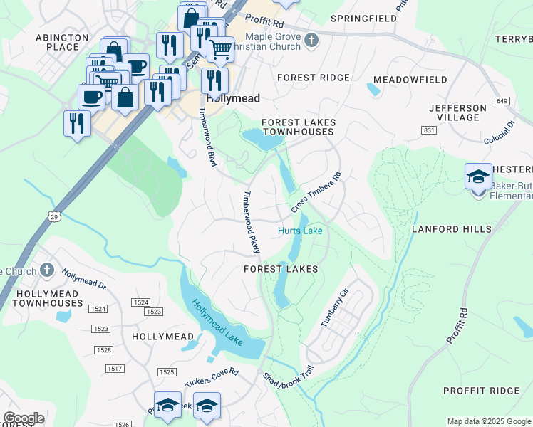map of restaurants, bars, coffee shops, grocery stores, and more near 1917 Becker Lane in Charlottesville