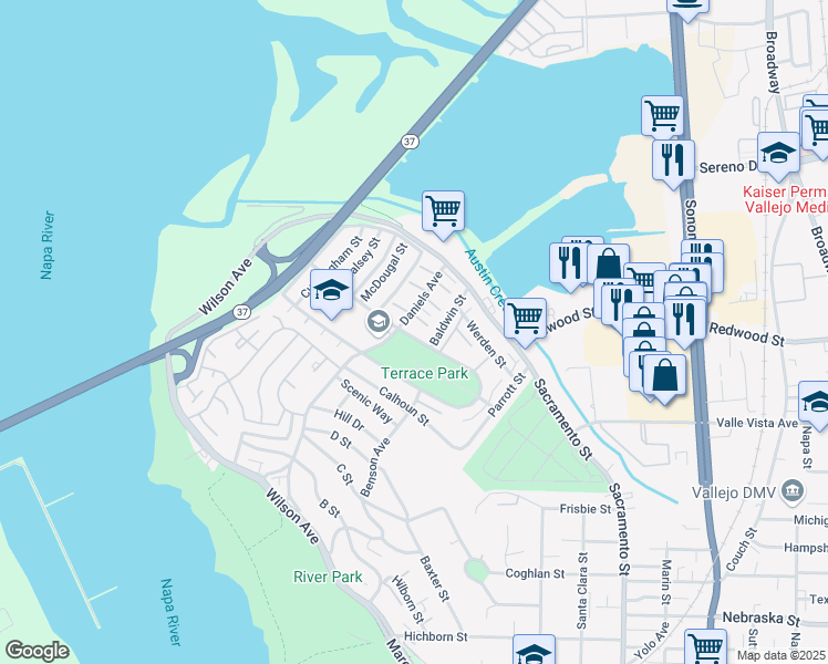 map of restaurants, bars, coffee shops, grocery stores, and more near 510 Daniels Avenue in Vallejo