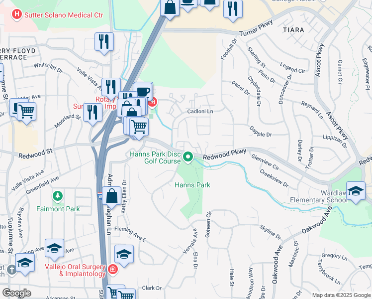map of restaurants, bars, coffee shops, grocery stores, and more near 2902 Redwood Parkway in Vallejo