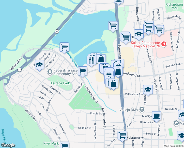 map of restaurants, bars, coffee shops, grocery stores, and more near 445 Redwood Street in Vallejo