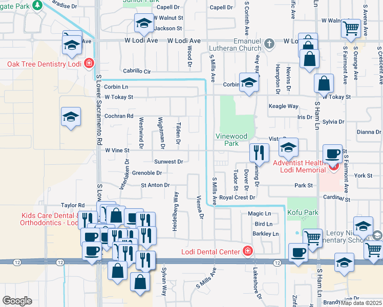map of restaurants, bars, coffee shops, grocery stores, and more near 902 Laver Court in Lodi