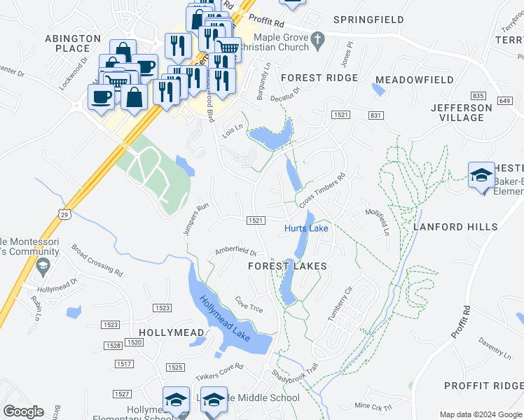 map of restaurants, bars, coffee shops, grocery stores, and more near 1901 Becker Lane in Charlottesville