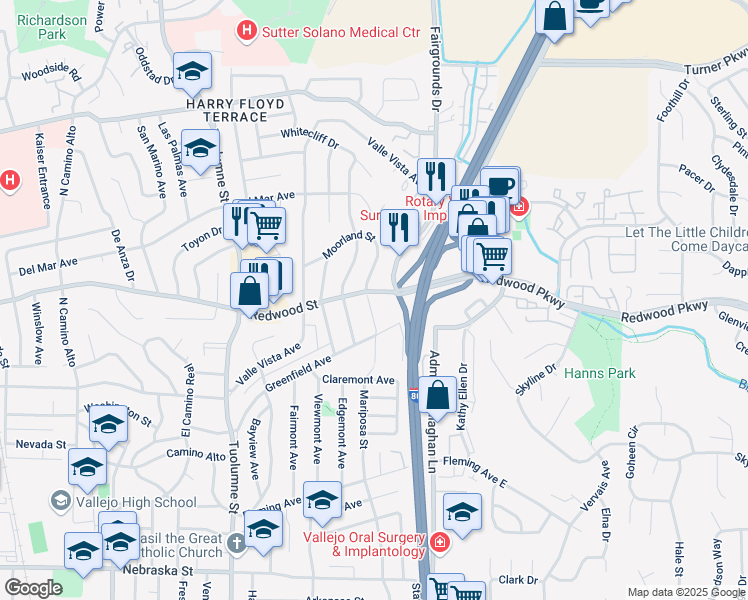 map of restaurants, bars, coffee shops, grocery stores, and more near 328 Moorland Street in Vallejo