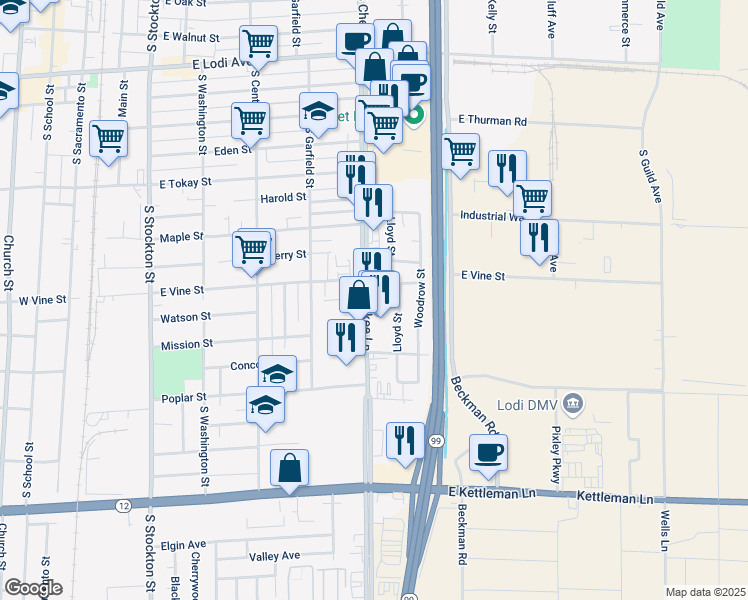map of restaurants, bars, coffee shops, grocery stores, and more near 910 South Cherokee Lane in Lodi