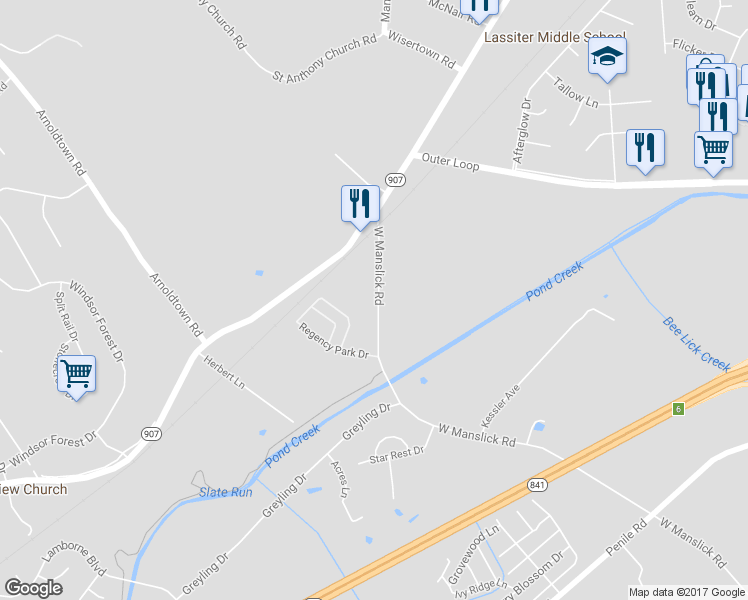 map of restaurants, bars, coffee shops, grocery stores, and more near 8802 West Manslick Road in Louisville