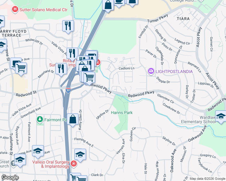 map of restaurants, bars, coffee shops, grocery stores, and more near 2890 Redwood Parkway in Vallejo
