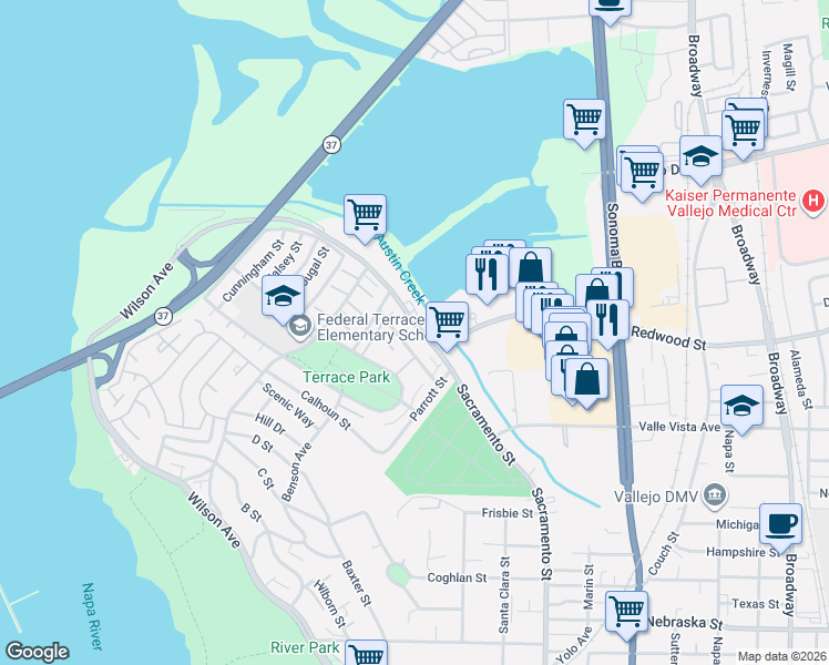 map of restaurants, bars, coffee shops, grocery stores, and more near 52 Werden Street in Vallejo
