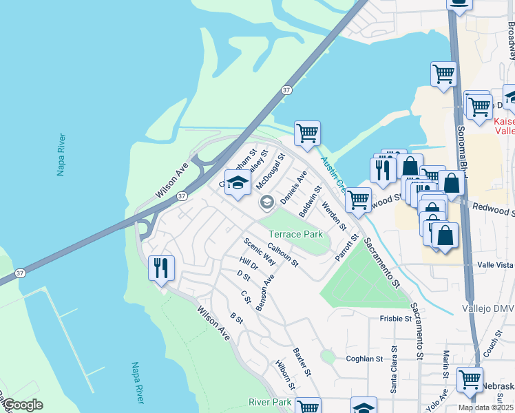 map of restaurants, bars, coffee shops, grocery stores, and more near 415 Daniels Avenue in Vallejo