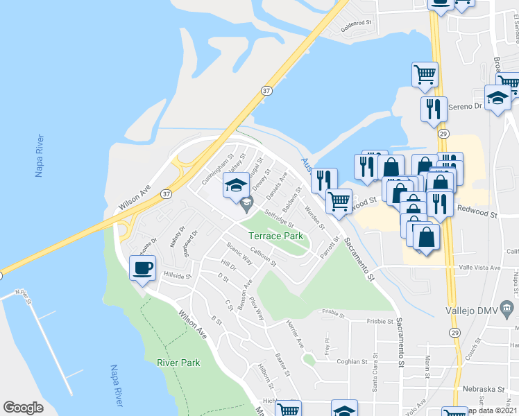 map of restaurants, bars, coffee shops, grocery stores, and more near 509 Daniels Avenue in Vallejo