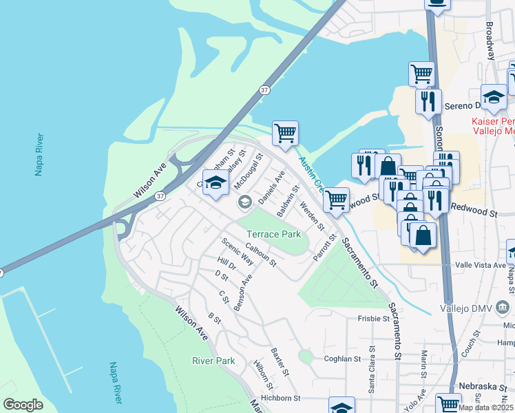 map of restaurants, bars, coffee shops, grocery stores, and more near Daniels Avenue & Selfridge Street in Vallejo