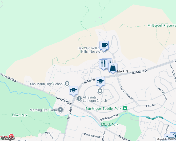 map of restaurants, bars, coffee shops, grocery stores, and more near 614 Cedar Place in Novato