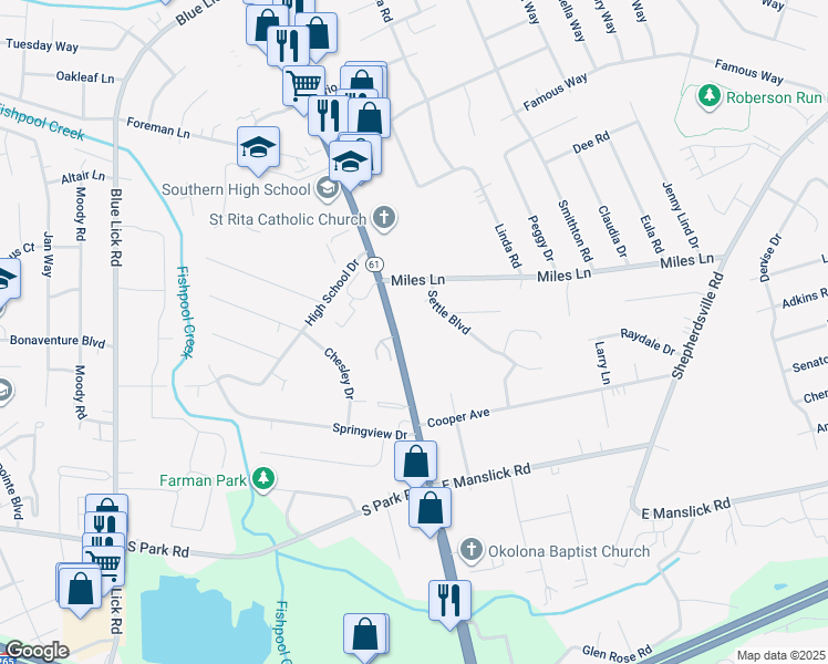map of restaurants, bars, coffee shops, grocery stores, and more near 8931 Preston Highway in Louisville