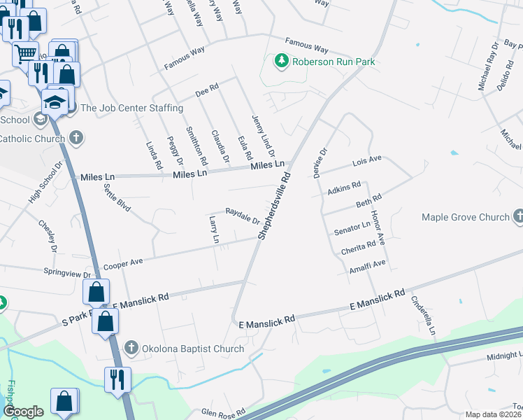 map of restaurants, bars, coffee shops, grocery stores, and more near 1595 Raydale Drive in Louisville