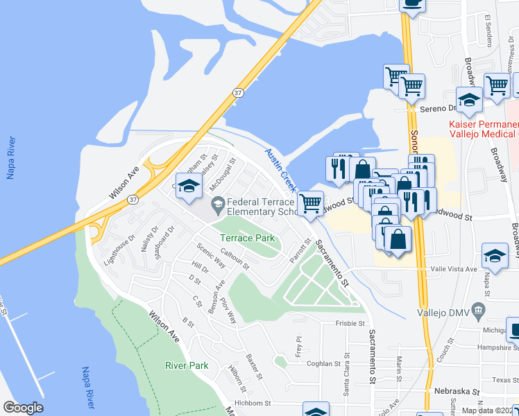 map of restaurants, bars, coffee shops, grocery stores, and more near 32 Baldwin Street in Vallejo