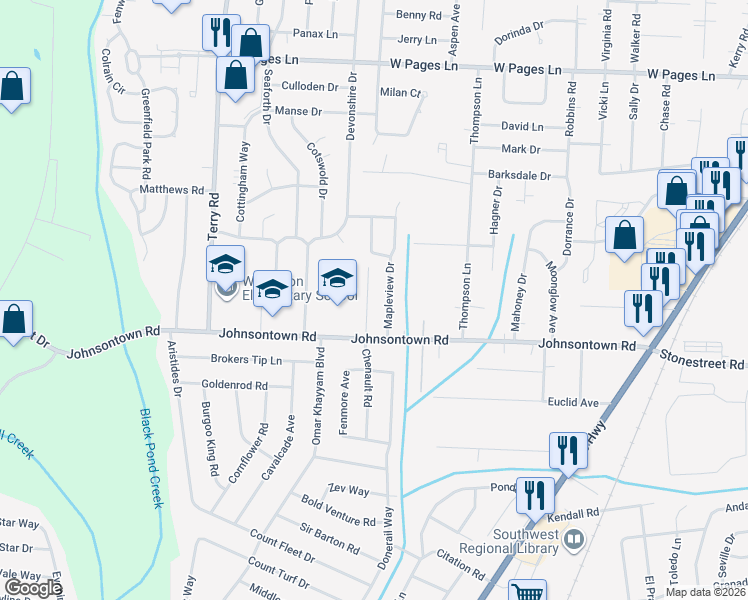 map of restaurants, bars, coffee shops, grocery stores, and more near 9105 Chenault Road in Louisville