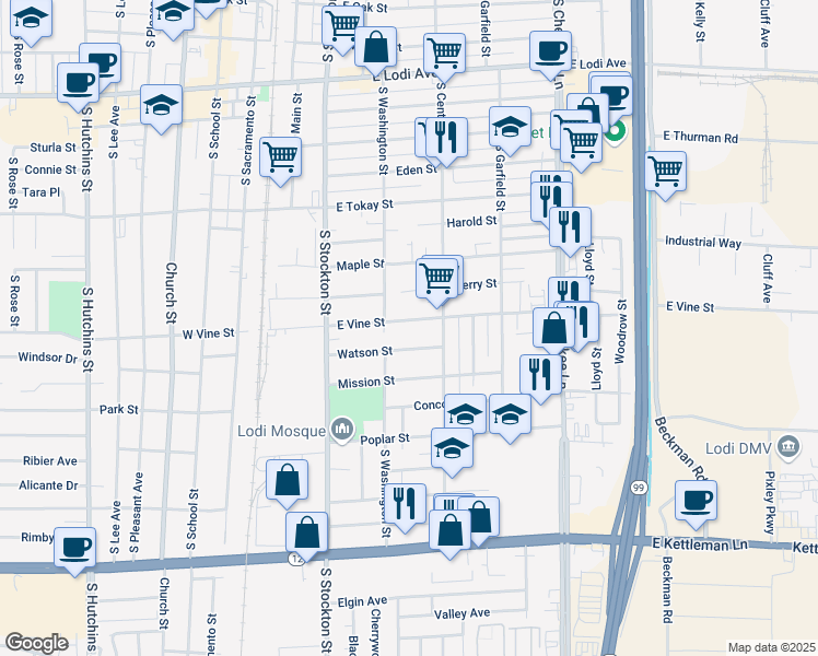 map of restaurants, bars, coffee shops, grocery stores, and more near 318 East Vine Street in Lodi