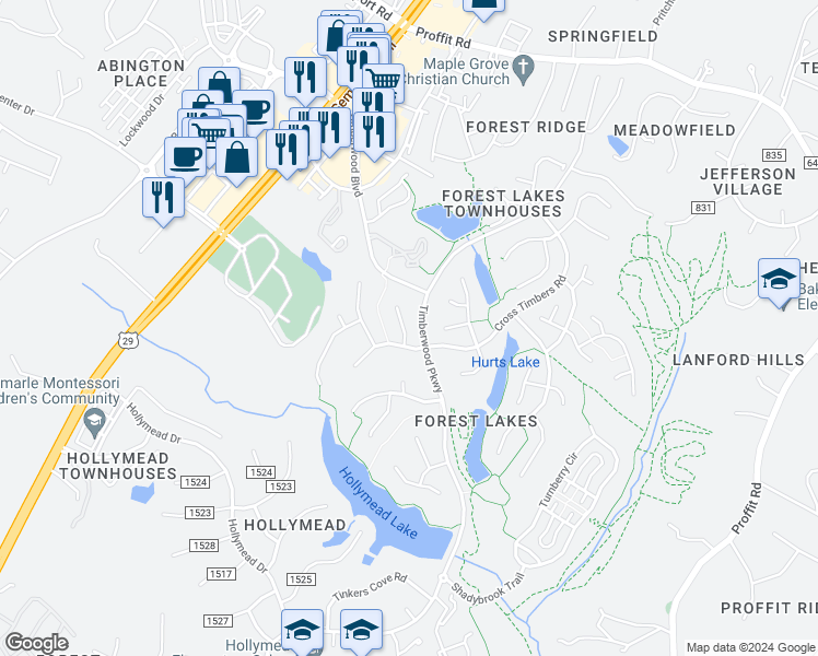 map of restaurants, bars, coffee shops, grocery stores, and more near 3153 Crossfield Lane in Charlottesville